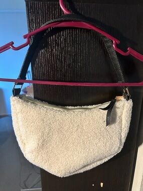 Faux Shearling Shoulder Bag in Cream with Black Strap